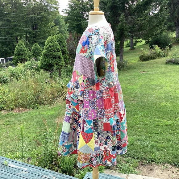 Upcycled vintage crazy patchwork quilt babydoll mid length lined dress Med to XL - Picture 10 of 16